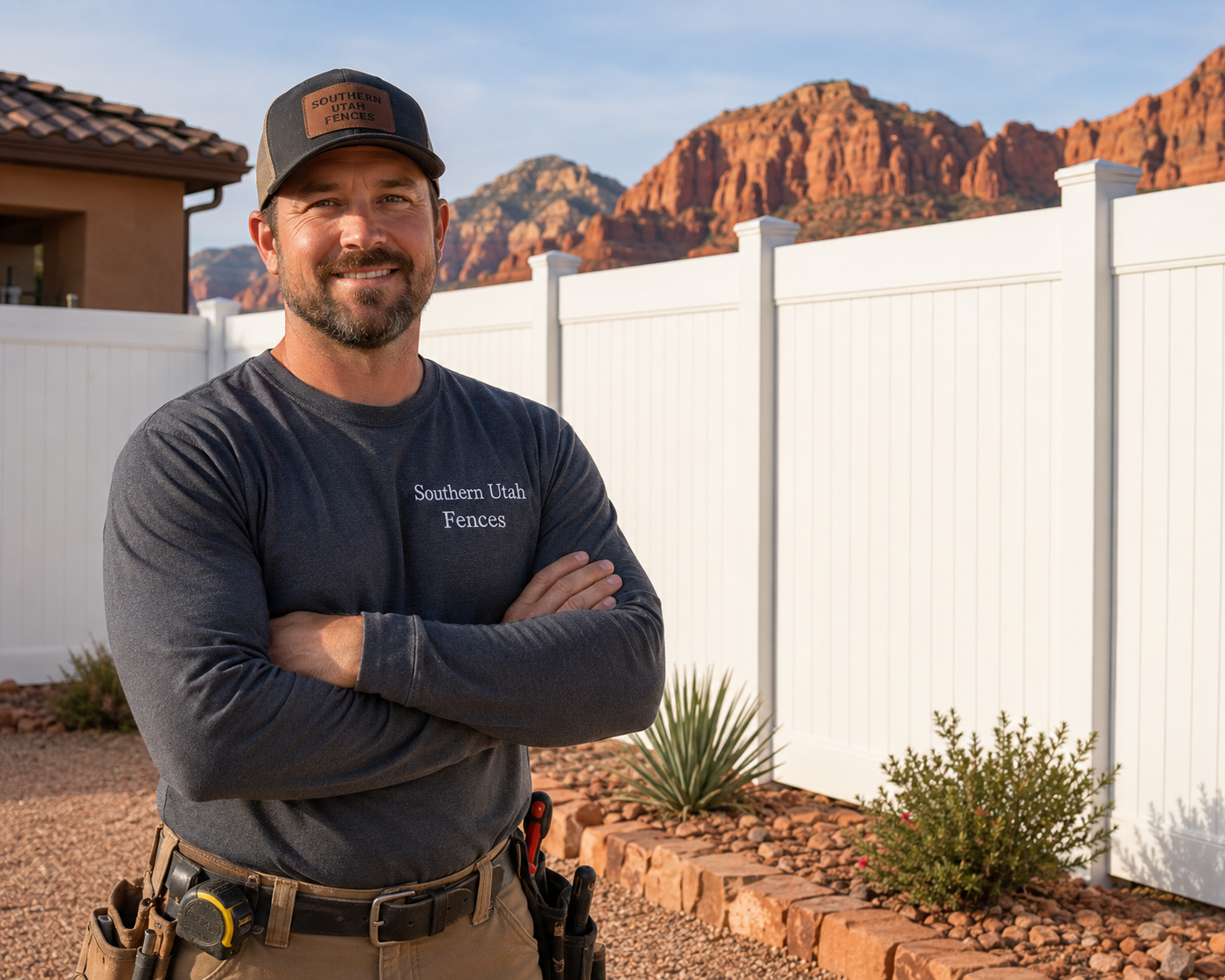 Casey — Southern Utah Fences contractor standing in front of a vinyl privacy fence with red rock mountains in the background